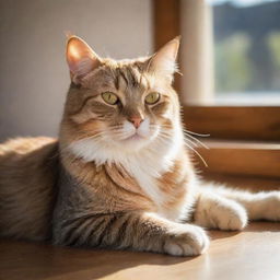 A vivid and lifelike image of a cat resting serenely in a sunlit room