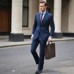 A sophisticated gentleman donned in a tailored suit, complete with a tie and polished leather shoes.