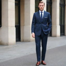 A sophisticated gentleman donned in a tailored suit, complete with a tie and polished leather shoes.