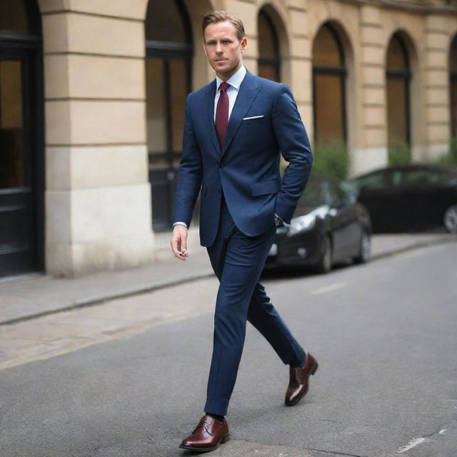 A sophisticated gentleman donned in a tailored suit, complete with a tie and polished leather shoes.