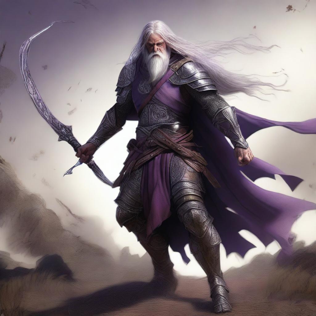 A compelling digital art image depicts a victorious humanoid warrior with distinctive purple eyes, a beard, and long gray hair