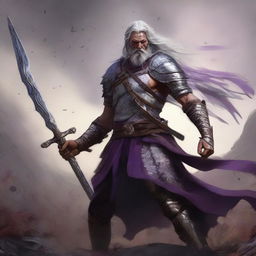 A compelling digital art image depicts a victorious humanoid warrior with distinctive purple eyes, a beard, and long gray hair
