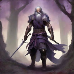 A compelling digital art image depicts a victorious humanoid warrior with distinctive purple eyes, a beard, and long gray hair
