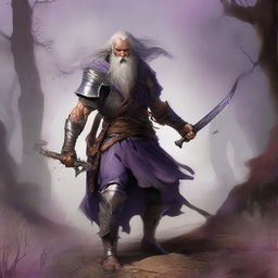 A compelling digital art image depicts a victorious humanoid warrior with distinctive purple eyes, a beard, and long gray hair