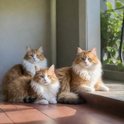 Fluffy and adorable cats lazily basking under a sunlit porch