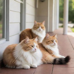 Fluffy and adorable cats lazily basking under a sunlit porch