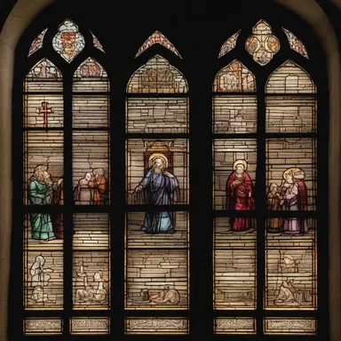 The stained glass fenestration in the ancient cathedral depicted biblical scenes, filling the sacred space with vibrant hues and divine imagery.