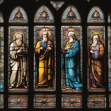 The stained glass fenestration in the ancient cathedral depicted biblical scenes, filling the sacred space with vibrant hues and divine imagery.