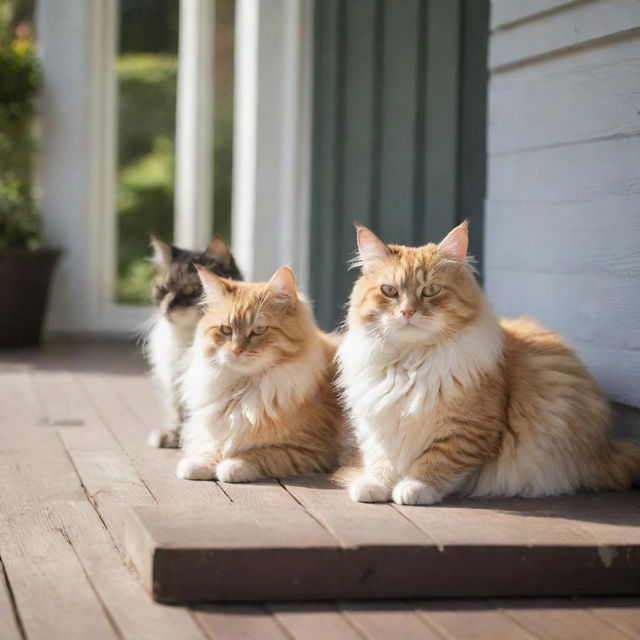 Fluffy and adorable cats lazily basking under a sunlit porch