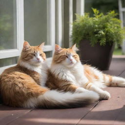 Fluffy and adorable cats lazily basking under a sunlit porch