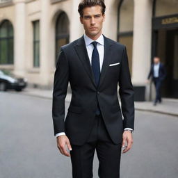 A stylish black suit with fine tailoring, precision cuts, and a sleek silhouette.