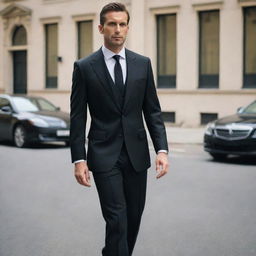 A stylish black suit with fine tailoring, precision cuts, and a sleek silhouette.