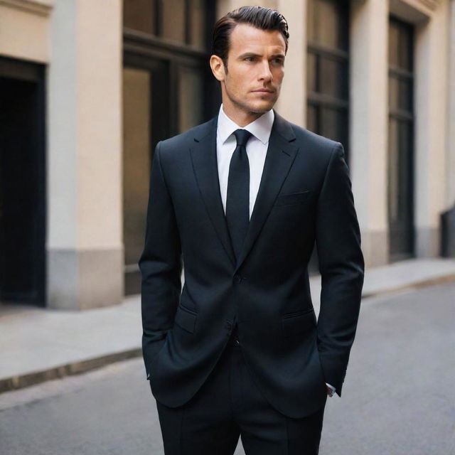 A stylish black suit with fine tailoring, precision cuts, and a sleek silhouette.