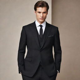 A stylish black suit with fine tailoring, precision cuts, and a sleek silhouette.