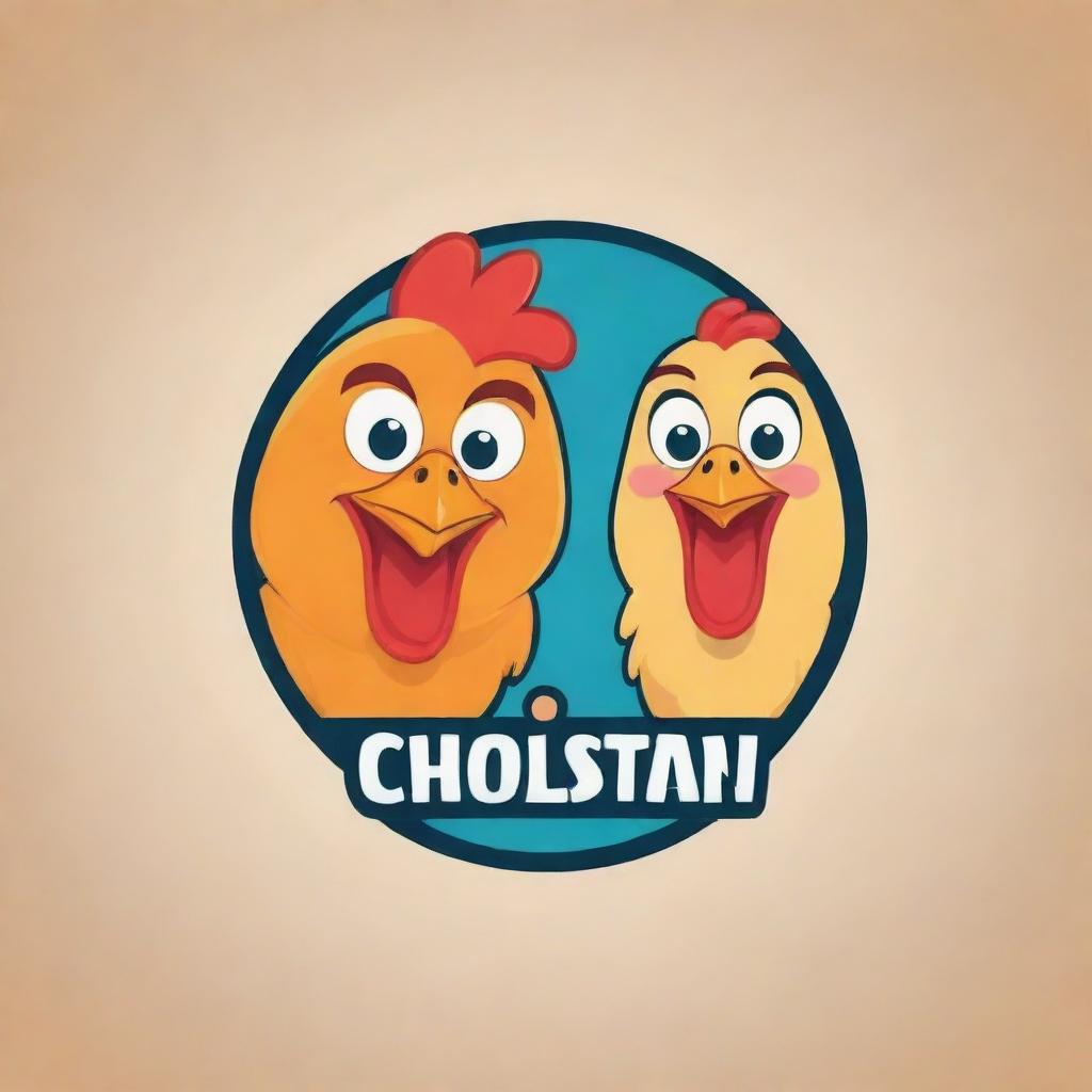 Design a heartwarming and engaging logo featuring a chicken and its friend. They could be cartoon style, smiling, and interacting in a friendly manner, showcasing the bond of friendship.