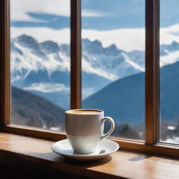 A steaming fresh cup of coffee sitting on a wooden windowsill, in the background the breathtaking view of the snowy alps can be seen.