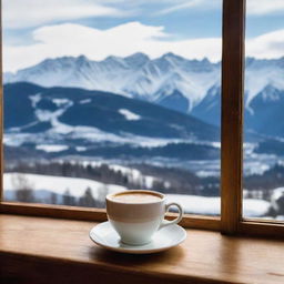 A steaming fresh cup of coffee sitting on a wooden windowsill, in the background the breathtaking view of the snowy alps can be seen.