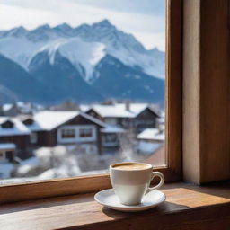 A steaming fresh cup of coffee sitting on a wooden windowsill, in the background the breathtaking view of the snowy alps can be seen.