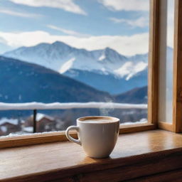 A steaming fresh cup of coffee sitting on a wooden windowsill, in the background the breathtaking view of the snowy alps can be seen.