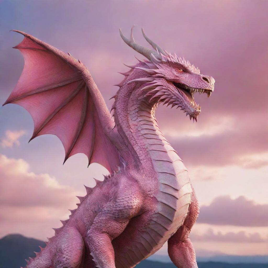 A majestic, fierce, yet majestic dragon, adorned in shades of vibrant and soft pink, standing proudly against a contrasting sky.