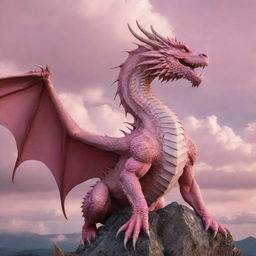 A majestic, fierce, yet majestic dragon, adorned in shades of vibrant and soft pink, standing proudly against a contrasting sky.