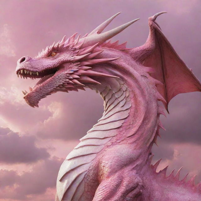 A majestic, fierce, yet majestic dragon, adorned in shades of vibrant and soft pink, standing proudly against a contrasting sky.