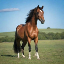 A majestic and powerful horse standing alone in a lush, green field with a clear blue sky overhead