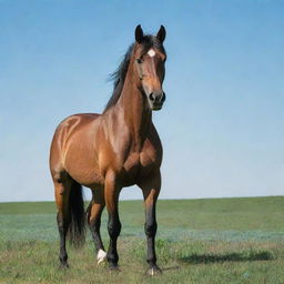 A majestic and powerful horse standing alone in a lush, green field with a clear blue sky overhead