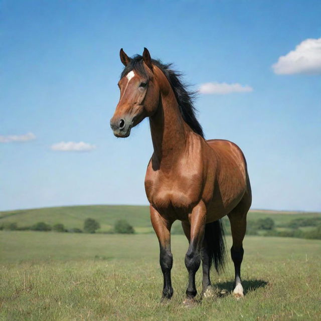 A majestic and powerful horse standing alone in a lush, green field with a clear blue sky overhead