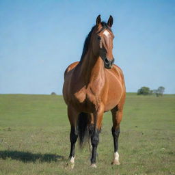 A majestic and powerful horse standing alone in a lush, green field with a clear blue sky overhead