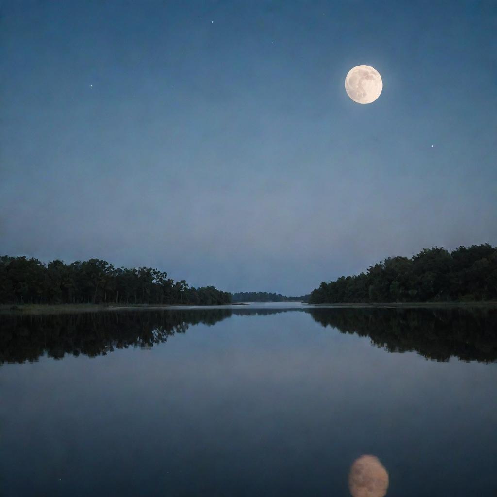 A serene moonlit sky with reflections glittering over calm water