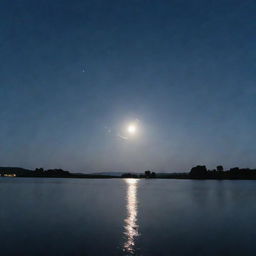 A serene moonlit sky with reflections glittering over calm water