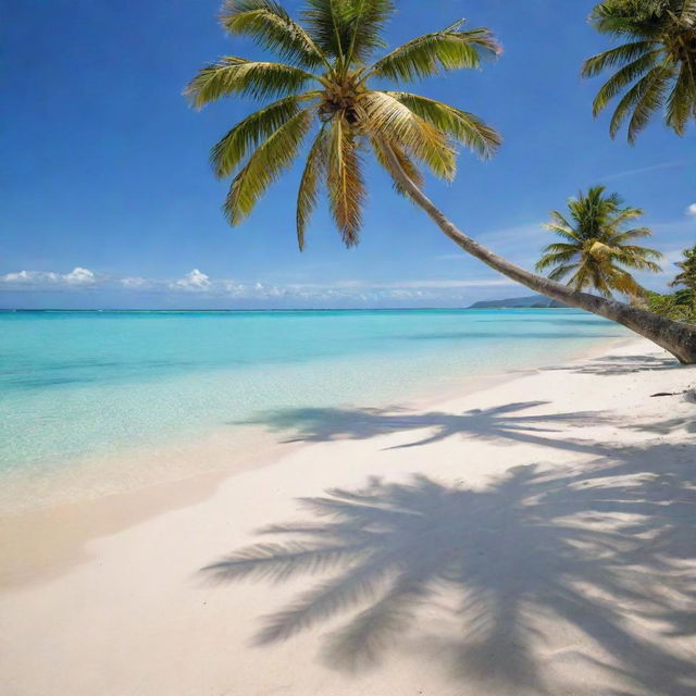 A stunning beach scene with picturesque palm trees gently swaying in the breeze, clear turquoise waters kiss the golden sandy shore.