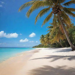 A stunning beach scene with picturesque palm trees gently swaying in the breeze, clear turquoise waters kiss the golden sandy shore.