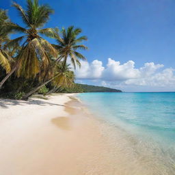 A stunning beach scene with picturesque palm trees gently swaying in the breeze, clear turquoise waters kiss the golden sandy shore.