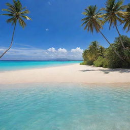 A stunning beach scene with picturesque palm trees gently swaying in the breeze, clear turquoise waters kiss the golden sandy shore.