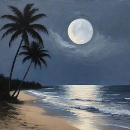 The stunning beach scene previously described, now transposed to nighttime. Palm trees are silhouetted against the moonlit sky and gentle waves glimmer under the silvery moon.