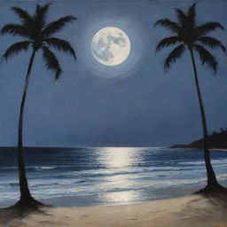 The stunning beach scene previously described, now transposed to nighttime. Palm trees are silhouetted against the moonlit sky and gentle waves glimmer under the silvery moon.