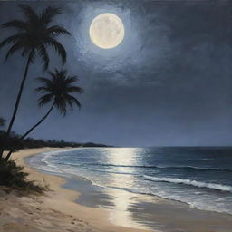 The stunning beach scene previously described, now transposed to nighttime. Palm trees are silhouetted against the moonlit sky and gentle waves glimmer under the silvery moon.