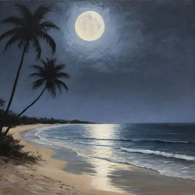 The stunning beach scene previously described, now transposed to nighttime. Palm trees are silhouetted against the moonlit sky and gentle waves glimmer under the silvery moon.