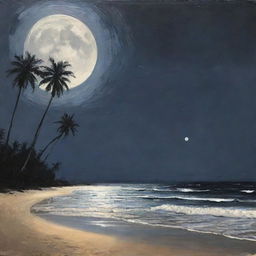 The stunning beach scene previously described, now transposed to nighttime. Palm trees are silhouetted against the moonlit sky and gentle waves glimmer under the silvery moon.