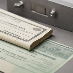 An illustration of a bank deposit slip, banknotes, and a secure bank vault symbolizing a deposit