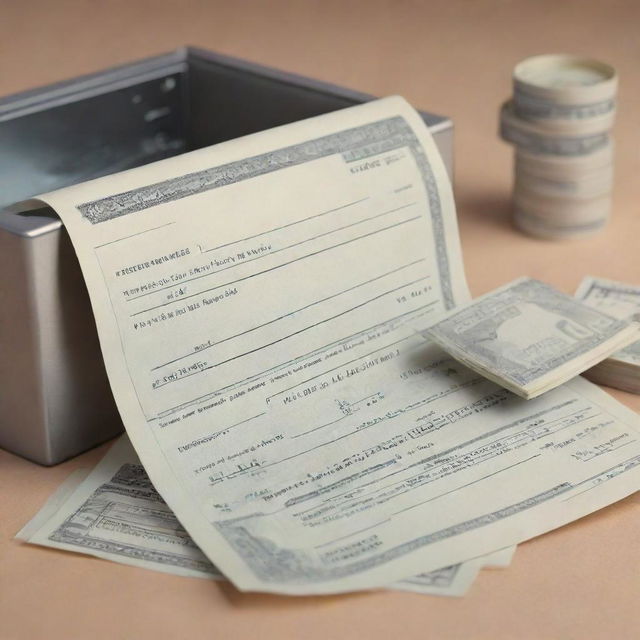 An illustration of a bank deposit slip, banknotes, and a secure bank vault symbolizing a deposit