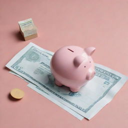 An illustration representing saving deposits, including an image of a deposit slip, banknotes, and a piggy bank