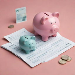 An illustration representing saving deposits, including an image of a deposit slip, banknotes, and a piggy bank