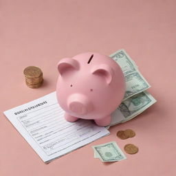 An illustration representing saving deposits, including an image of a deposit slip, banknotes, and a piggy bank