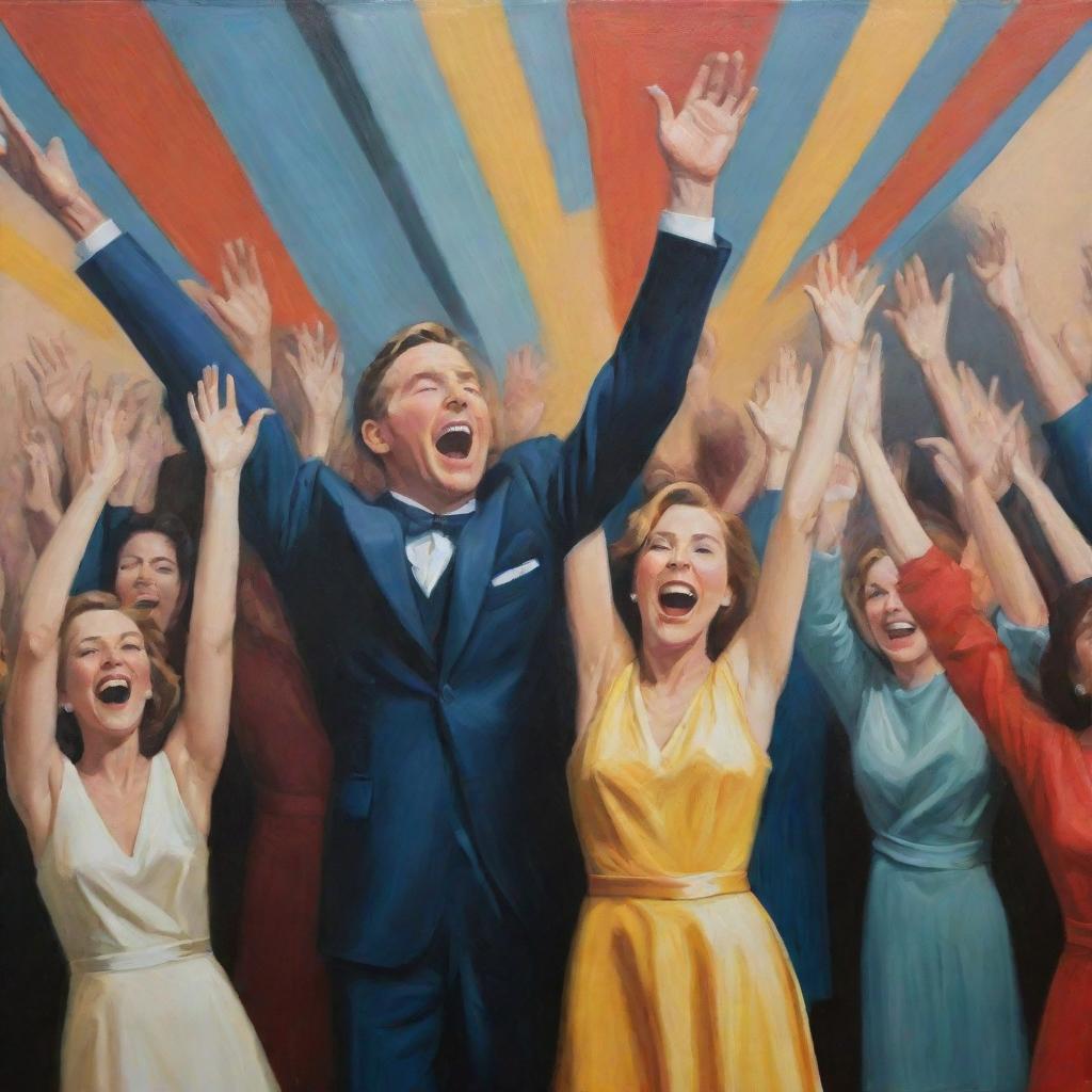 A contemporary art style depiction of a big applause moment, filled with emotion, intensity and excitement.